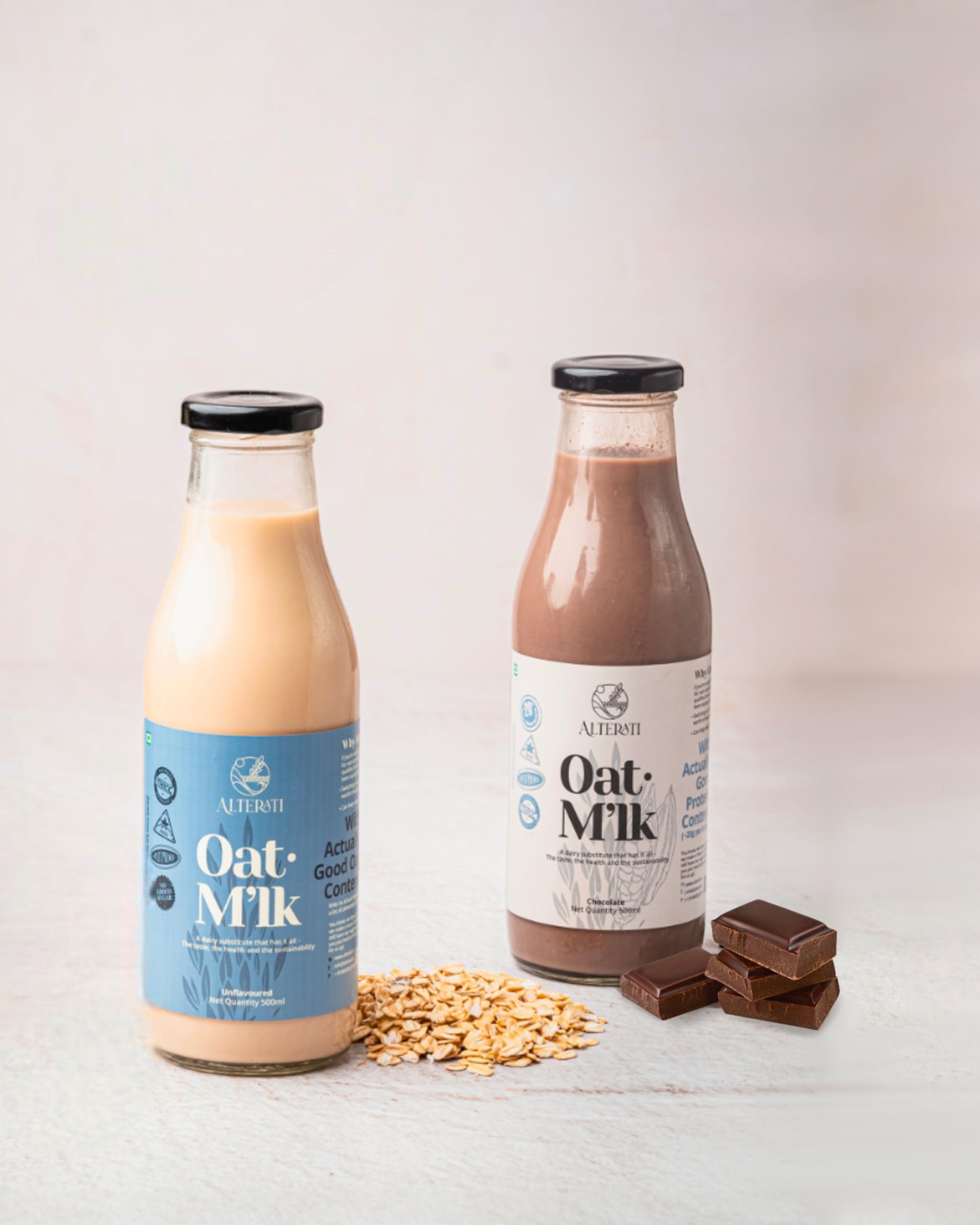 Alterati High Protein Vegan Oat Milk Combo - Chocolate & Unflavored |2 Bottles (500 ml Each)